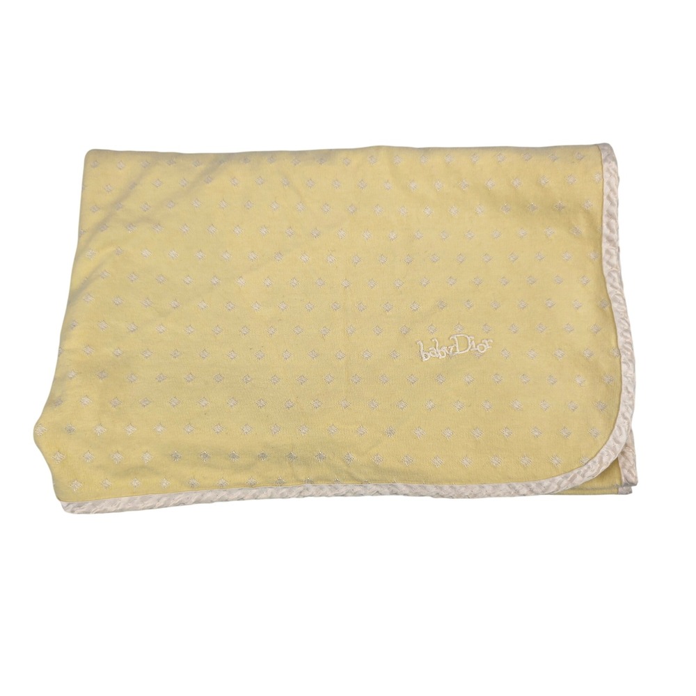 Vintage Baby Dior Yellow Blanket USA Cotton Dobby Diamond Pointelle Satin Trim
